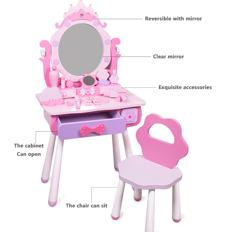 Education Kids Pretend Play Toy Girl Makeup Set With Accessories Wooden Pink Baby Dressing Table Toy