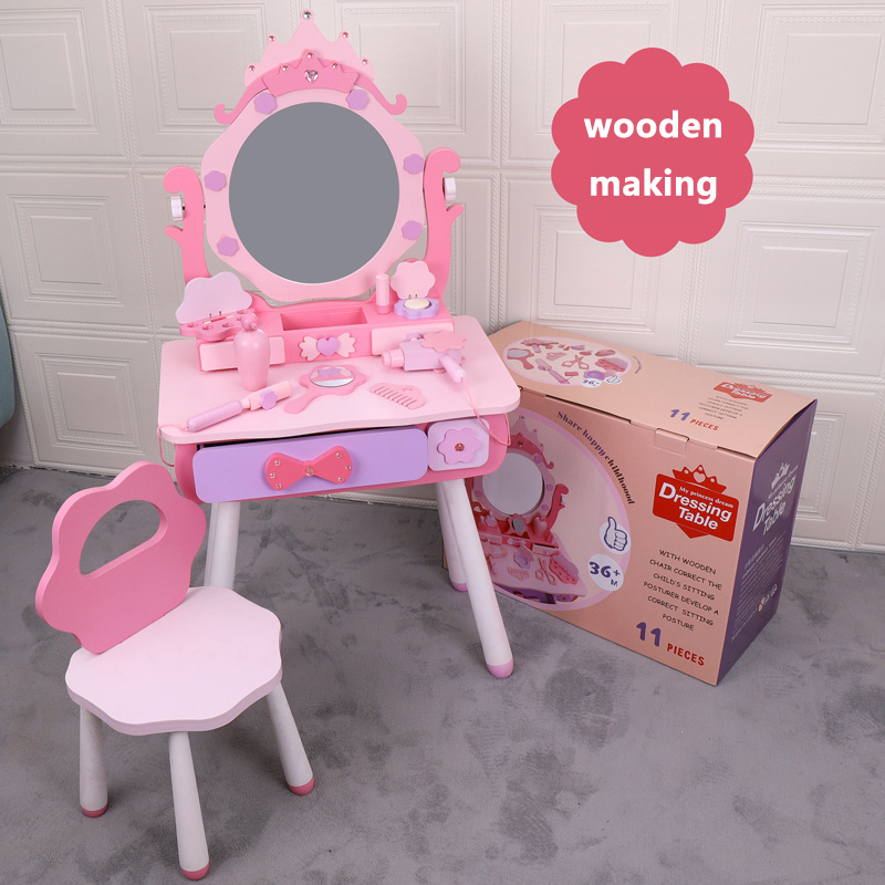 Education Kids Pretend Play Toy Girl Makeup Set With Accessories Wooden Pink Baby Dressing Table Toy