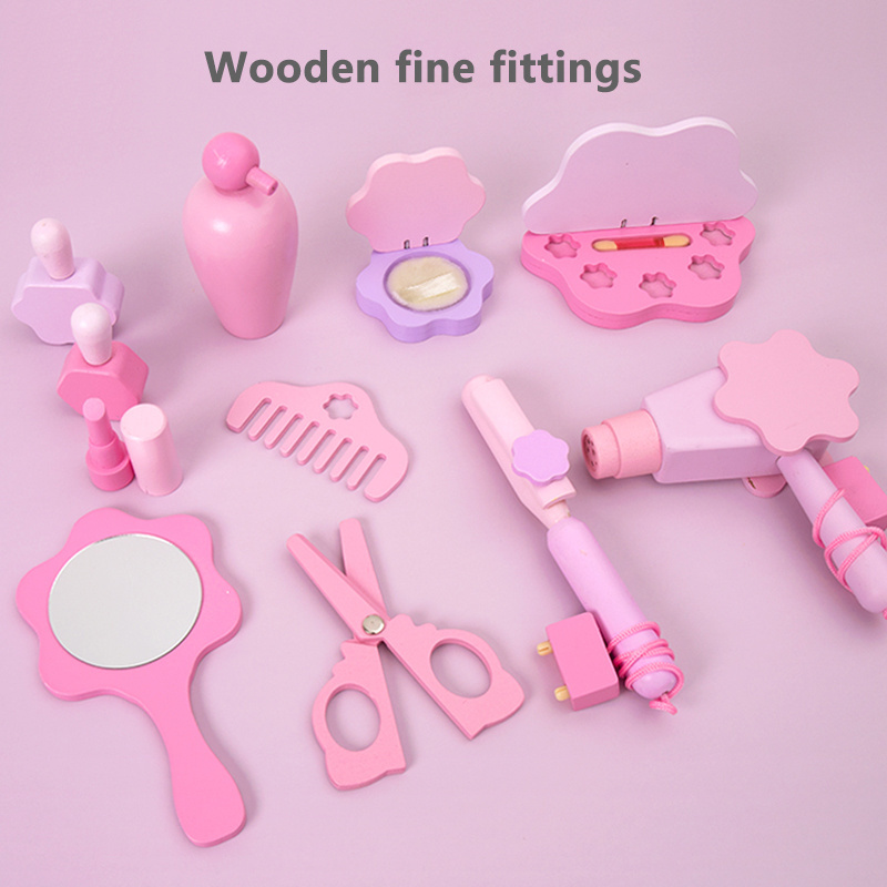 Education Kids Pretend Play Toy Girl Makeup Set With Accessories Wooden Pink Baby Dressing Table Toy