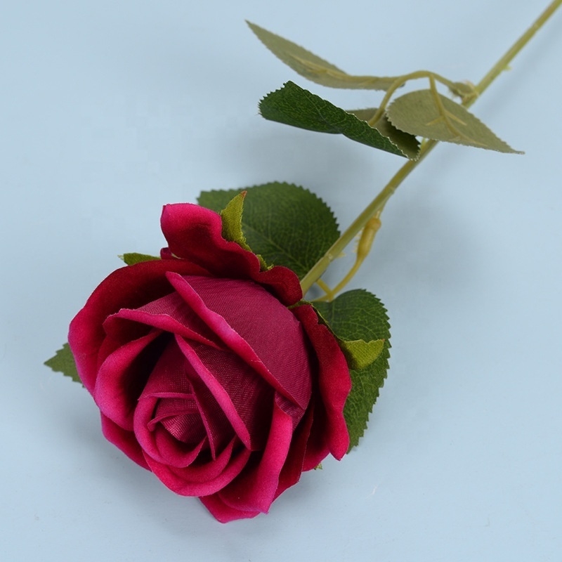 Wholesale Artificial Rose Flower Red Single Long Stem Velvet Silk Roses for Home Decor