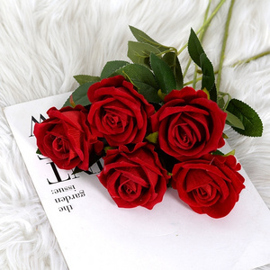 Wholesale Artificial Rose Flower Red Single Long Stem Velvet Silk Roses for Home Decor