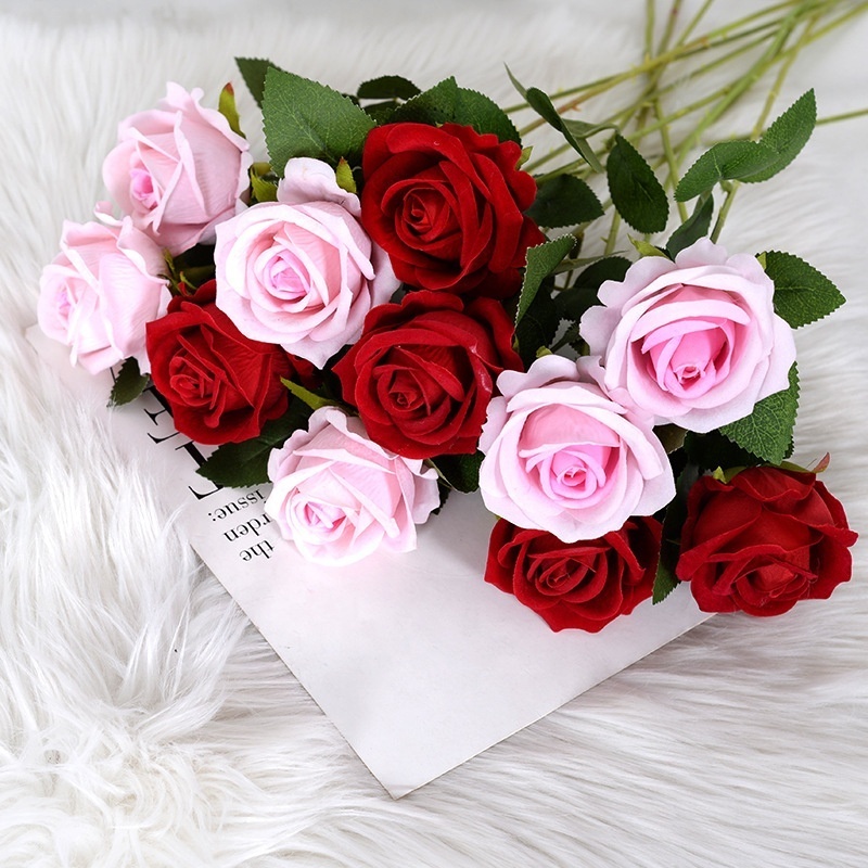 Wholesale Artificial Rose Flower Red Single Long Stem Velvet Silk Roses for Home Decor