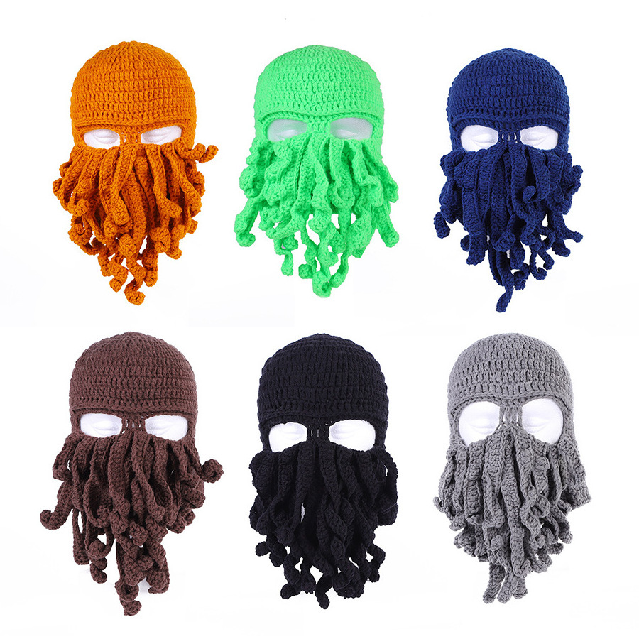 Handmade funny Squid Hat Hand Knitted Octopus Hat Face Kinney Ski Cap octopus beard hat