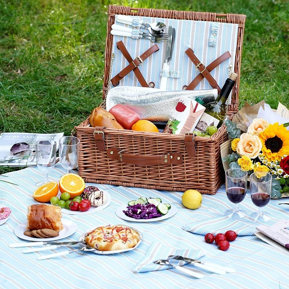 Picnic Basket Set , Large Willow Hamper with Large Insulated Cooler Compartment, Free Waterproof Blanket and Cutlery Service