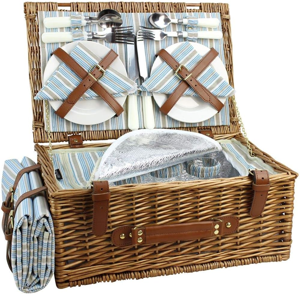 Picnic Basket Set , Large Willow Hamper with Large Insulated Cooler Compartment, Free Waterproof Blanket and Cutlery Service