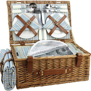 Picnic Basket Set , Large Willow Hamper with Large Insulated Cooler Compartment, Free Waterproof Blanket and Cutlery Service