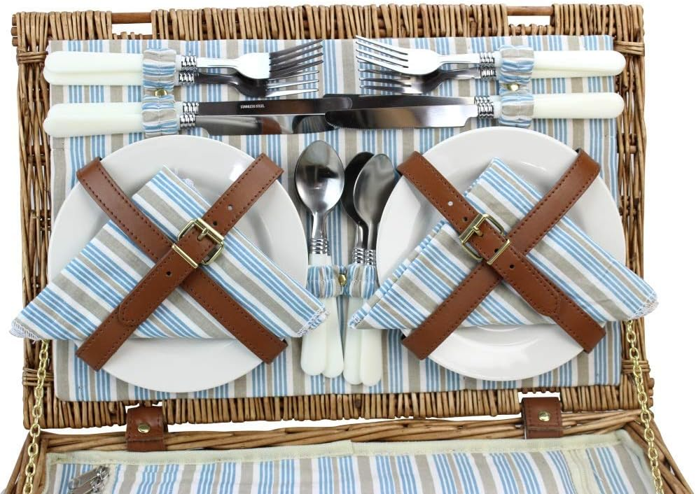 Picnic Basket Set , Large Willow Hamper with Large Insulated Cooler Compartment, Free Waterproof Blanket and Cutlery Service