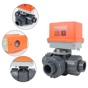 Electric 3 way PVC ball valve T L type Plastic anti-corrosion water treatment Socket Union UPVC