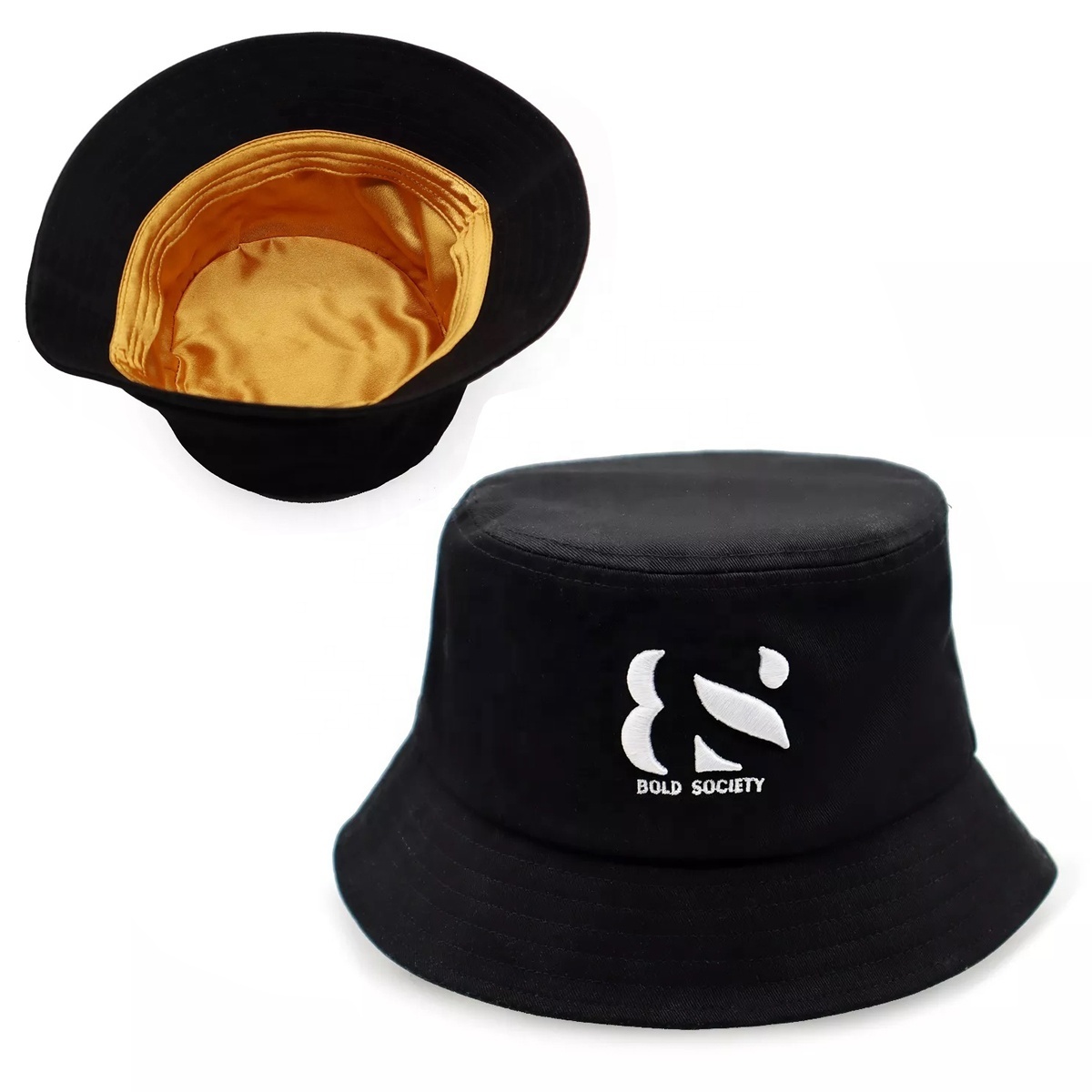 Unisex Customized 3D Embroidery 100% Cotton Twill basin Bucket Caps Hats with Shinny Satin Silk Lined Lining and Logo inside