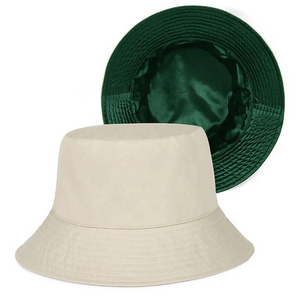 customized embroidery logo 3d raised  cotton/polyester shinny satin silk lined lining fishing bucket caps hats with satin inside