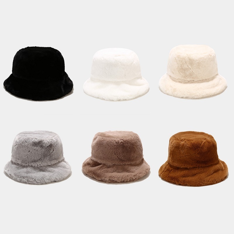 Womens Wide Brim Winter Fleece Faux Fluffy Hat Head Warmer Plush Fur Bucket Hats Winter Hats for Women