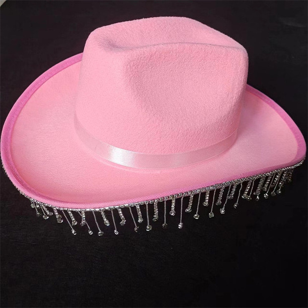 New Crown Diamond Tassels Design Western Pink Cowgirl Hats Bandanas Glasses Pink Cowboy Hat For Party Wedding