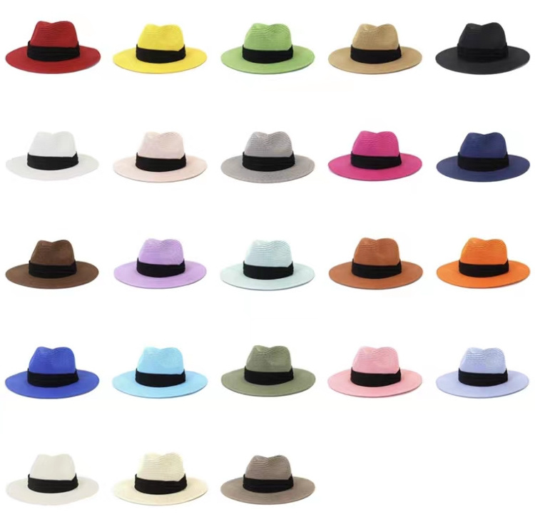 Custom Wholesale Chapeau Summer Hat Fedora Panama Fashion Outdoor Wide Brim Beach Stripped Paper Straw Hat for Women Men Sun Hat