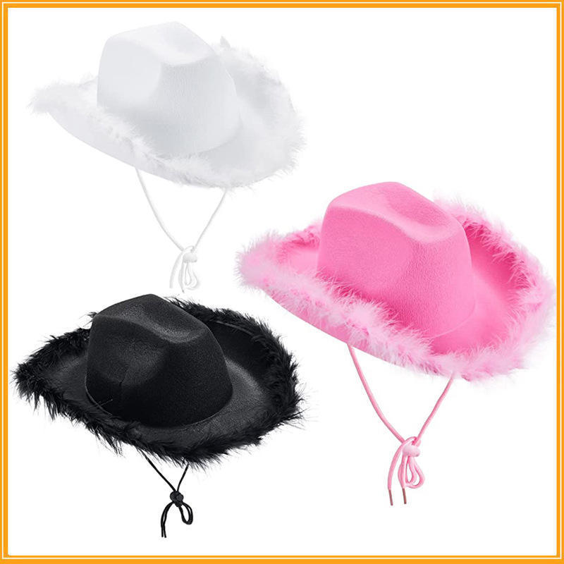 New Western Style Pink Cowgirl Hats Women Girl Rolled Fedora Hat Festival Party Feather Edge Pink Cowboy Hat