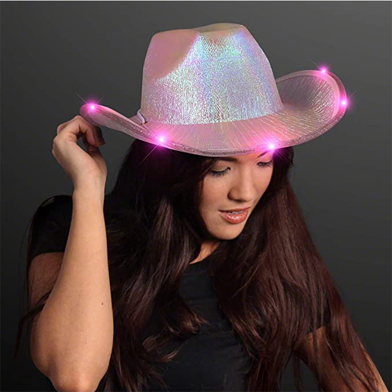 Halloween fashion LED party colorful with lights large brim composite cowgirl hat with lights colorful EVA pink cowboy hat