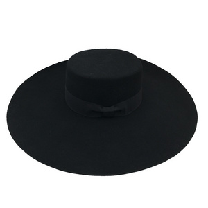 Luxury Custom Handmade Black Fedora Hard Large Flat Wide Brim Australia 100 Wool Felt Hats For Women Lady Party Show Winter