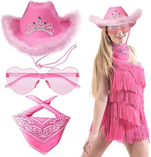 New Crown Diamond Tassels Design Western Pink Cowgirl Hats Bandanas Glasses Pink Cowboy Hat For Party Wedding