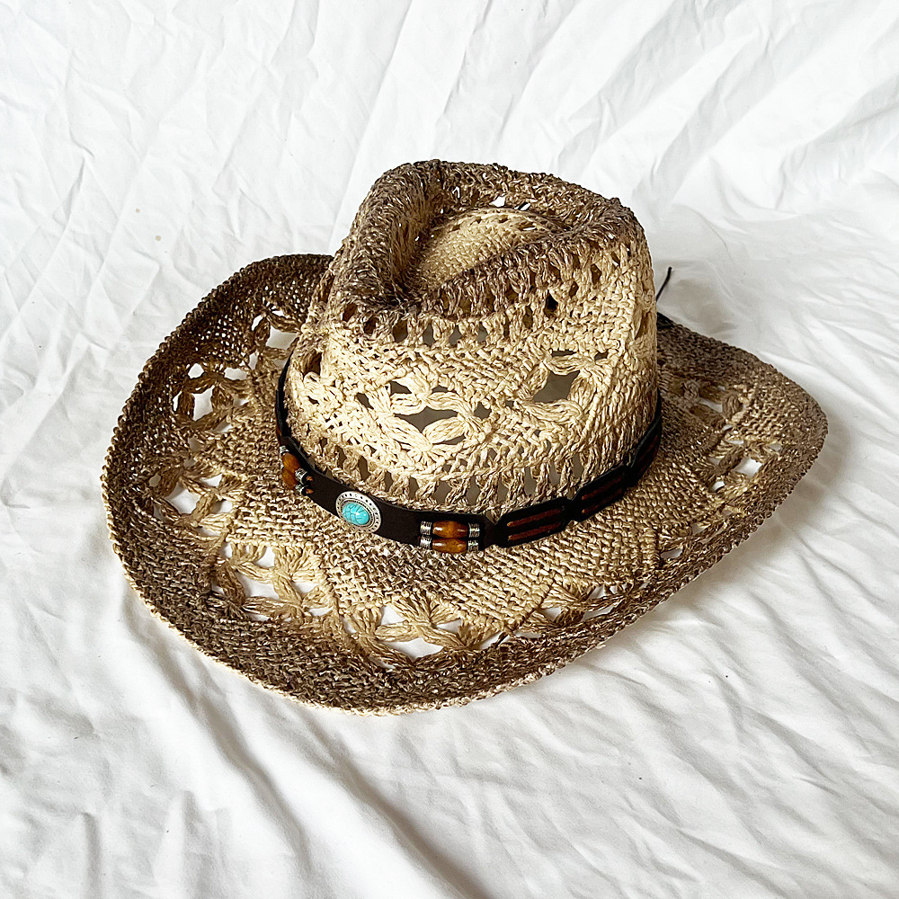 China spray painted cowboy straw hat personality features hollowed out hats handmade machan orchid western denim cowboy hat