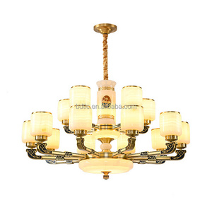 New Chinese Style All-copper Jade Chandelier Villa Duplex Building Hall Lighting Pick High School Empty Living Room Marble Lamp