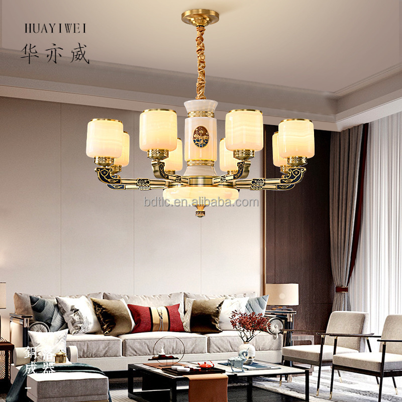 New Chinese Style All-copper Jade Chandelier Villa Duplex Building Hall Lighting Pick High School Empty Living Room Marble Lamp