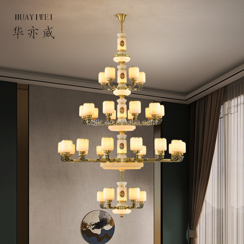 New Chinese Style All-copper Jade Chandelier Villa Duplex Building Hall Lighting Pick High School Empty Living Room Marble Lamp