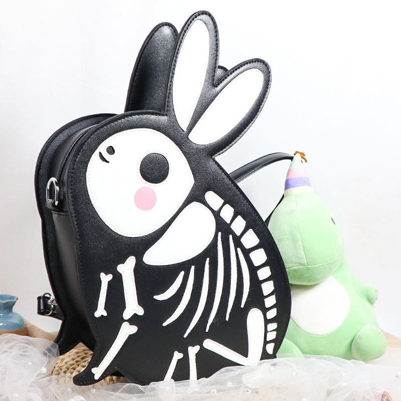 Bsci Bag Factory Original Design Black Skeleton Rabbit Shaped Purse Gothic Women's Messenger Bags Cartoon Backpack With Patches