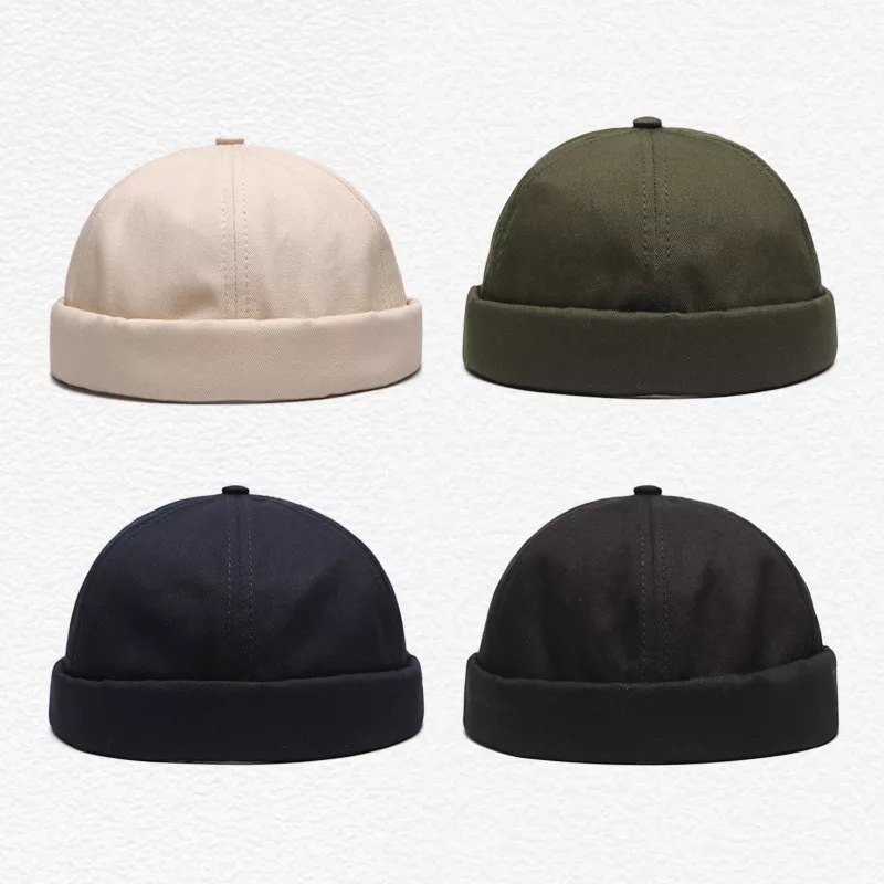 Brimless Cap Men Leather Strap Docker Cap Brimless Hat Waterproof Sailor Denim Skull Cap Without Brim