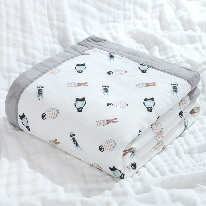 stock 110*110 cm 350 g/pc baby 6 layers muslin newborn baby quilt 100% cotton fabric swaddle blankets with colored border