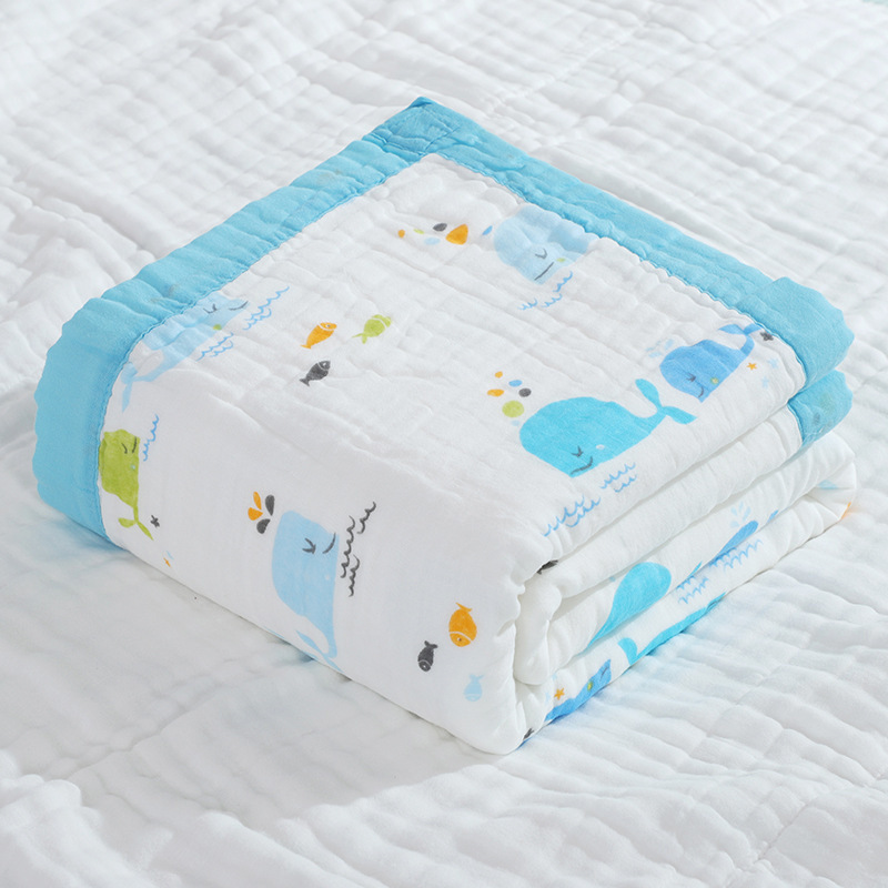 stock 110*110 cm 350 g/pc baby 6 layers muslin newborn baby quilt 100% cotton fabric swaddle blankets with colored border