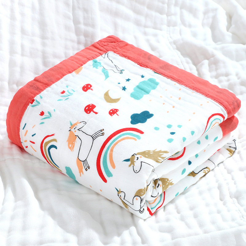 stock 110*110 cm 350 g/pc baby 6 layers muslin newborn baby quilt 100% cotton fabric swaddle blankets with colored border