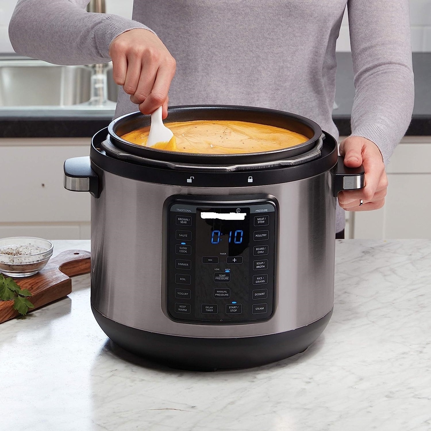 Pot 8-Quart Multi-Use XL Express Crock Programmable Slow Cooker and Pressure Cooker with Manual Pressure, Boil & Simmer