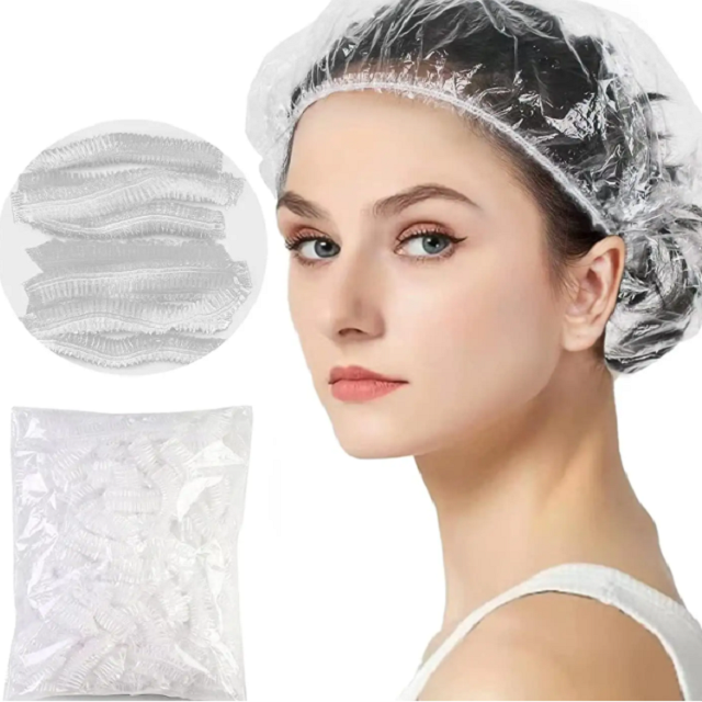 Custom 100~200Pcs Waterproof Thickening Elastic Clear Bathing Cap Salon Hotel Travel Disposable Plastic PE Shower Cap for Unisex