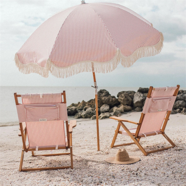 Custom big size folding parasol wholesale picnic pool sea pink fringe outdoor beach patio umbrella