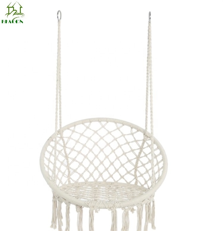 Beige white color hanging chair hand knitted leisure indoor outdoor rope cotton stainless iron hammock swing chair