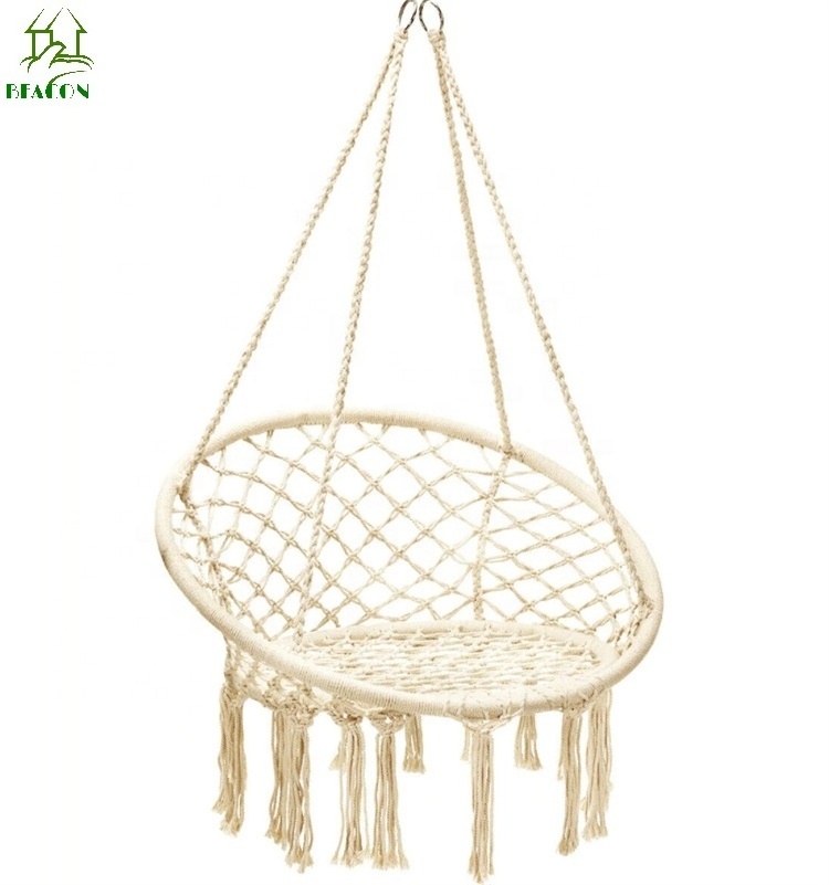 Beige white color hanging chair hand knitted leisure indoor outdoor rope cotton stainless iron hammock swing chair