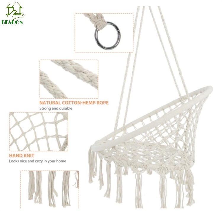 Beige white color hanging chair hand knitted leisure indoor outdoor rope cotton stainless iron hammock swing chair