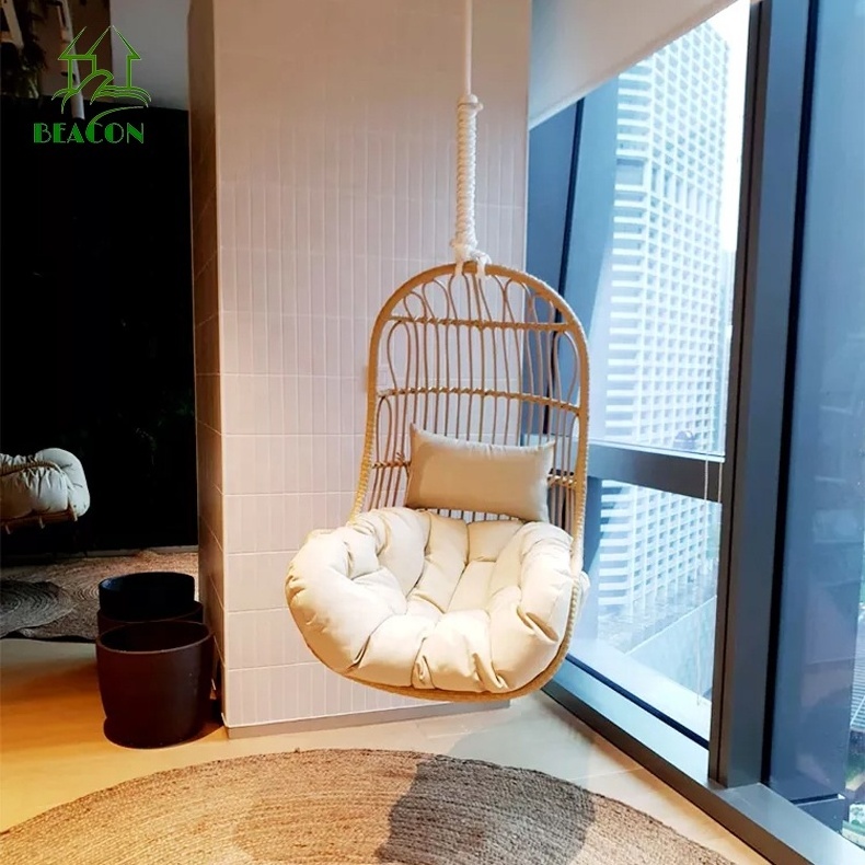 Outdoor indoor hanging swing chair PE rattan metal frame with cotton rope leisure egg shape swing hanging chair