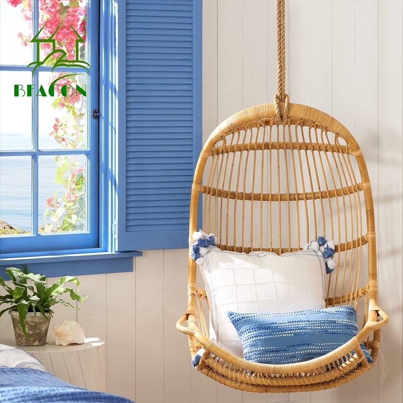 Outdoor indoor hanging swing chair PE rattan metal frame with cotton rope leisure egg shape swing hanging chair