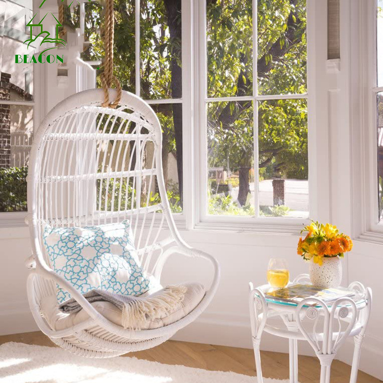 Outdoor indoor hanging swing chair PE rattan metal frame with cotton rope leisure egg shape swing hanging chair