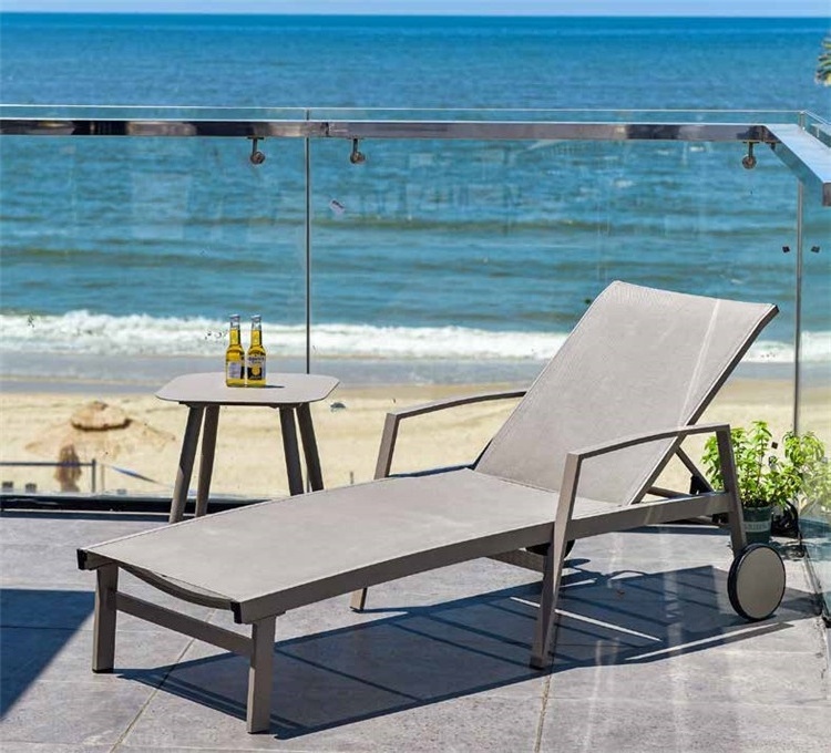 Outdoor adjustable canvas deckchair aluminum swim pool folding beach chaise lounge chair with wheel