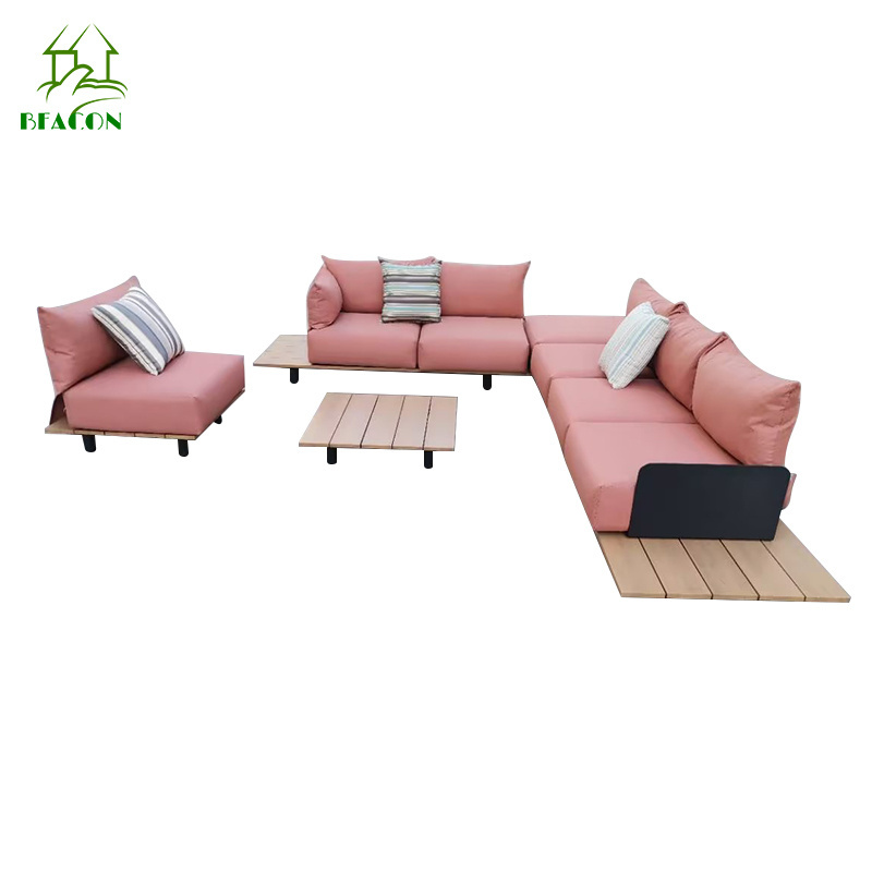 Living Room Balcony Garden Patio Hotel Furniture Modern Sectional L Shape Garden Outdoor Wooden Sofas With Thicker Cushions