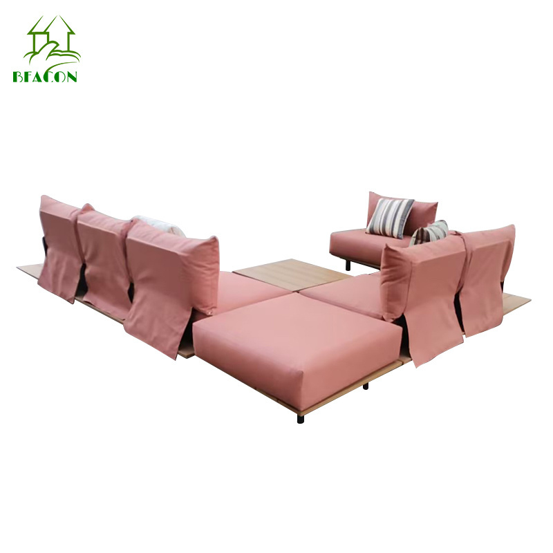 Living Room Balcony Garden Patio Hotel Furniture Modern Sectional L Shape Garden Outdoor Wooden Sofas With Thicker Cushions