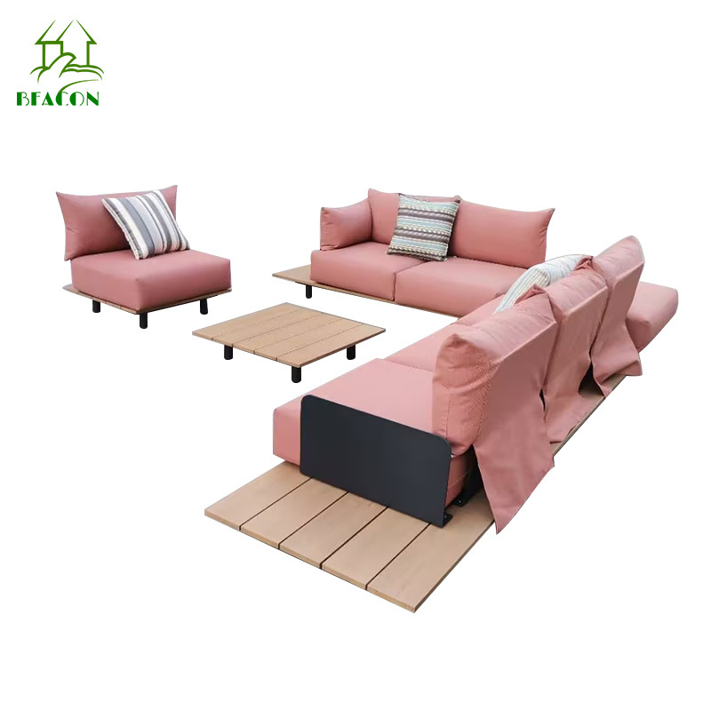 Living Room Balcony Garden Patio Hotel Furniture Modern Sectional L Shape Garden Outdoor Wooden Sofas With Thicker Cushions