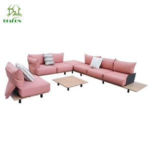 Living Room Balcony Garden Patio Hotel Furniture Modern Sectional L Shape Garden Outdoor Wooden Sofas With Thicker Cushions