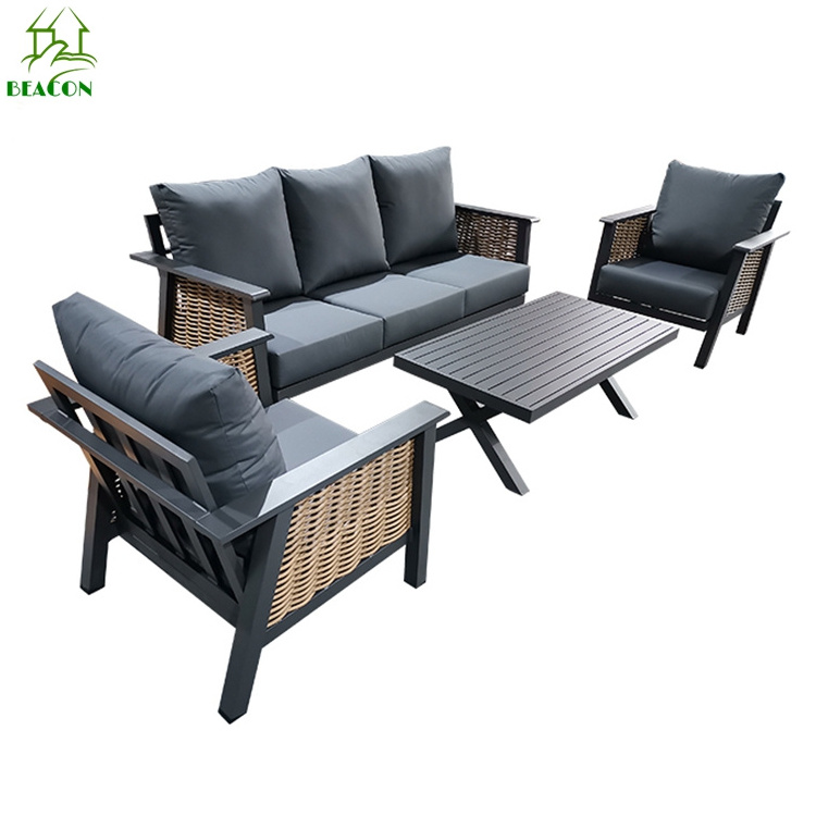 Outdoor high end metal rattan furniture garden 4 piece patio seating furniture black luxury garden set