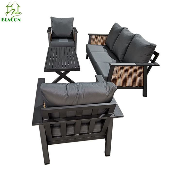 Outdoor high end metal rattan furniture garden 4 piece patio seating furniture black luxury garden set