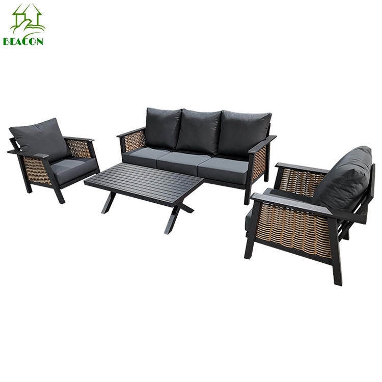 Outdoor high end metal rattan furniture garden 4 piece patio seating furniture black luxury garden set