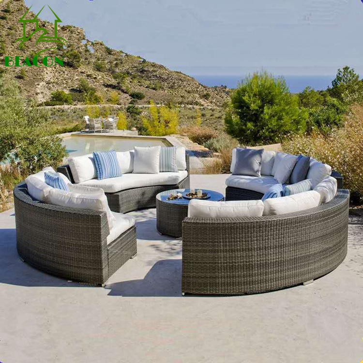 Curve patio garden sectional furniture big rattan round sofa set large red cushion semi circle patio furniture set