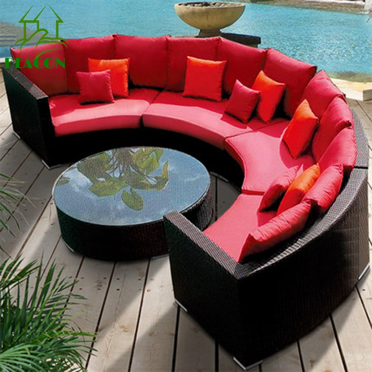 Curve patio garden sectional furniture big rattan round sofa set large red cushion semi circle patio furniture set