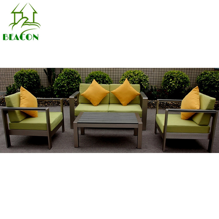 Modern patio plastic wood brushed aluminum terrace garden sofa furniture cozy outdoor rustic sofa furniture